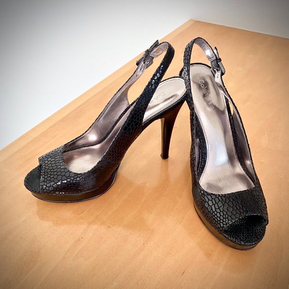 Calvin Klein “Karissa” Peeptoe Sling-back Pumps in Black Snake - Picture 1 of 14